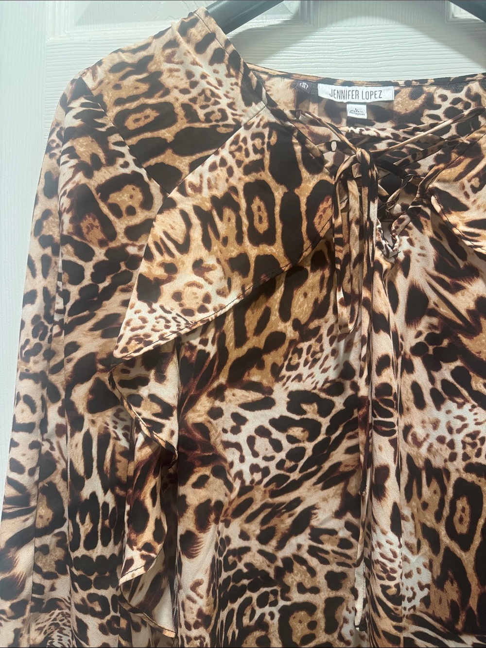 Jennifer Lopez Leopard Print Ruffle Tie-Neck Blouse - Brown/Black/Cream - Picture 3 of 4